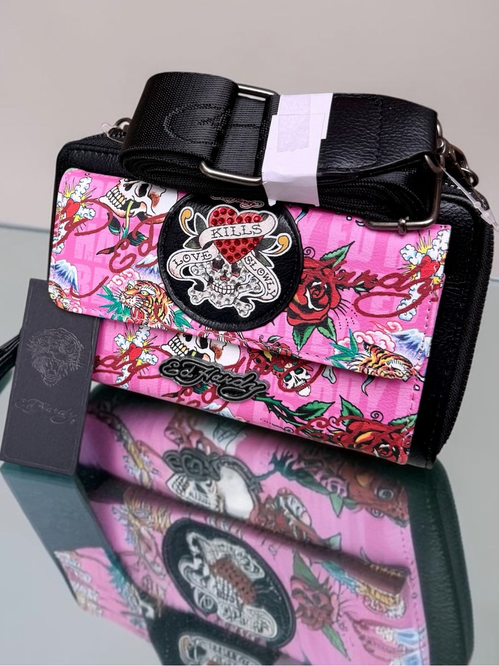 Ed Hardy Pink Skull Roses Wallet Bag NWT